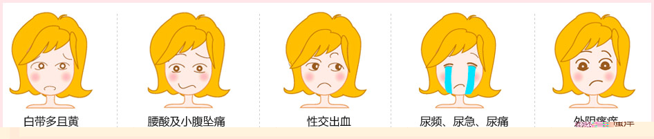 白带多且黄 腰酸及小腹坠痛 性交出血 尿频、尿急、尿痛 外阴瘙痒